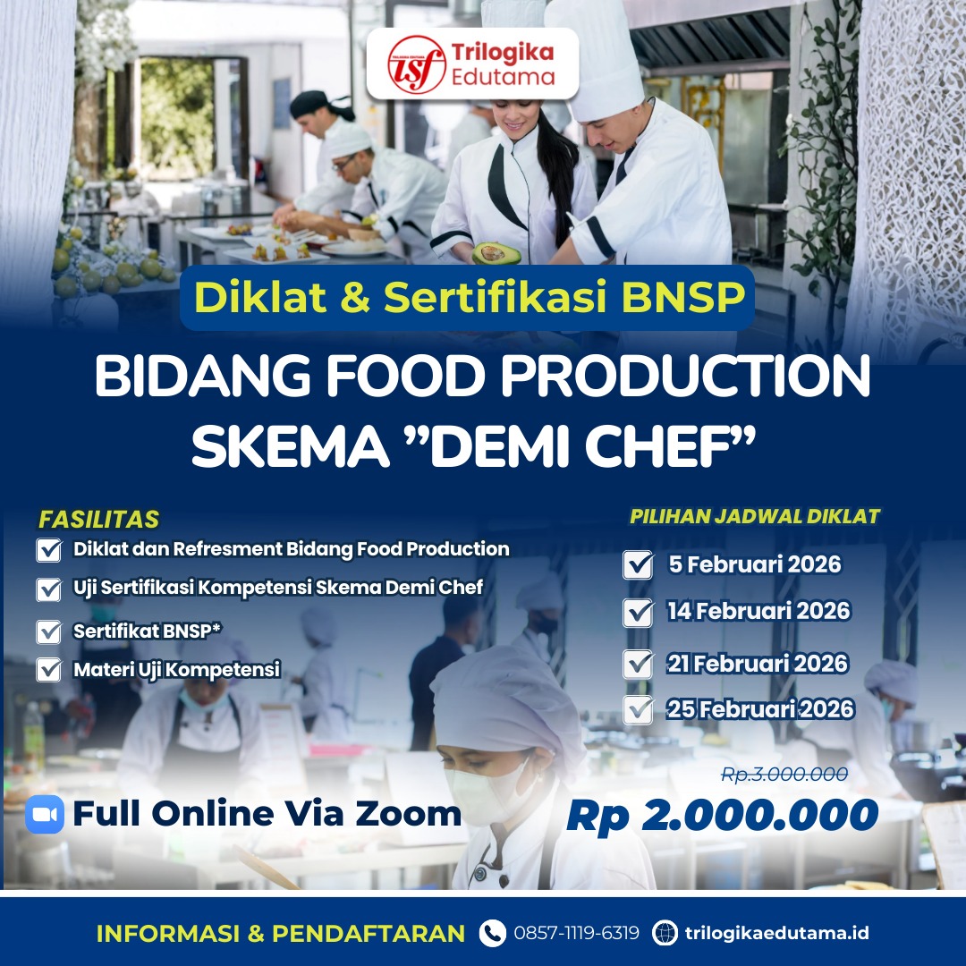 DIKLAT & SERTIFIKASI BNSP "DEMI CHEF" FULL ONLINE